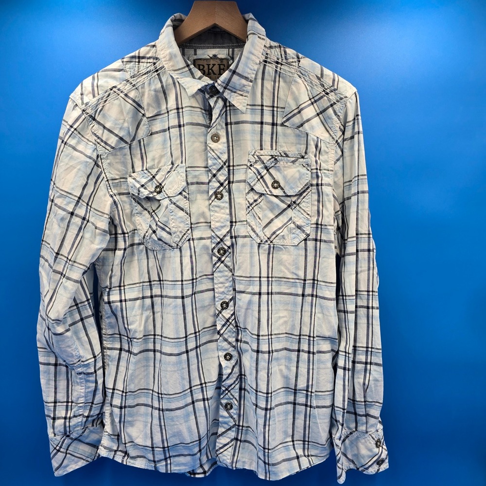 BKE Annapolis Men Slim Fit Plaid Western Button Down Shirt Blue White L 11198FPW
